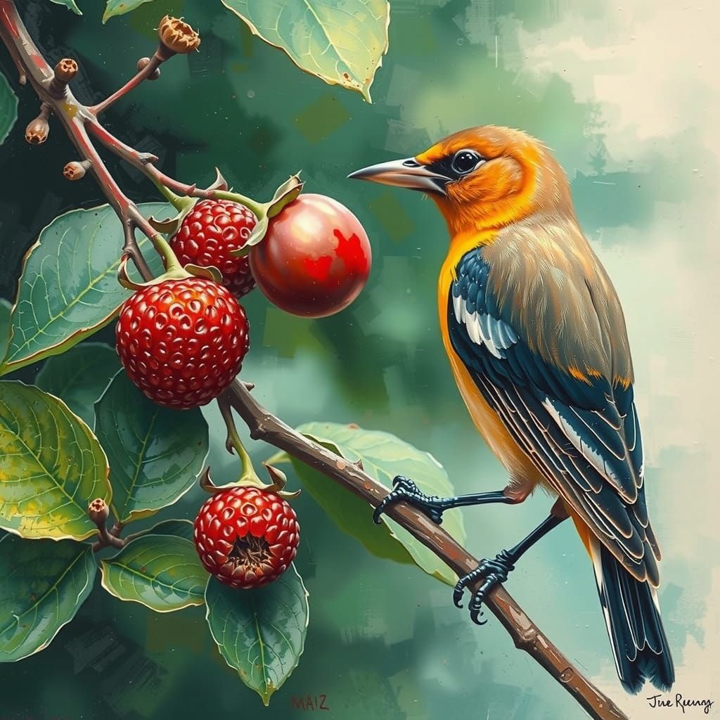 Cedar Waxwings Share a Mulberry in Neo-Impressionist Style