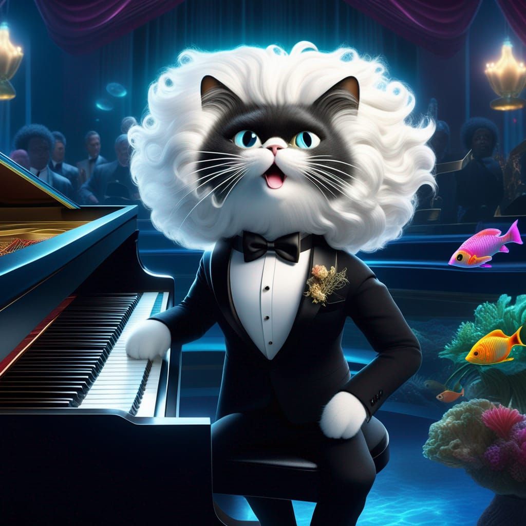 Underwater Concert: Caricature Cat at Piano, Digital Art