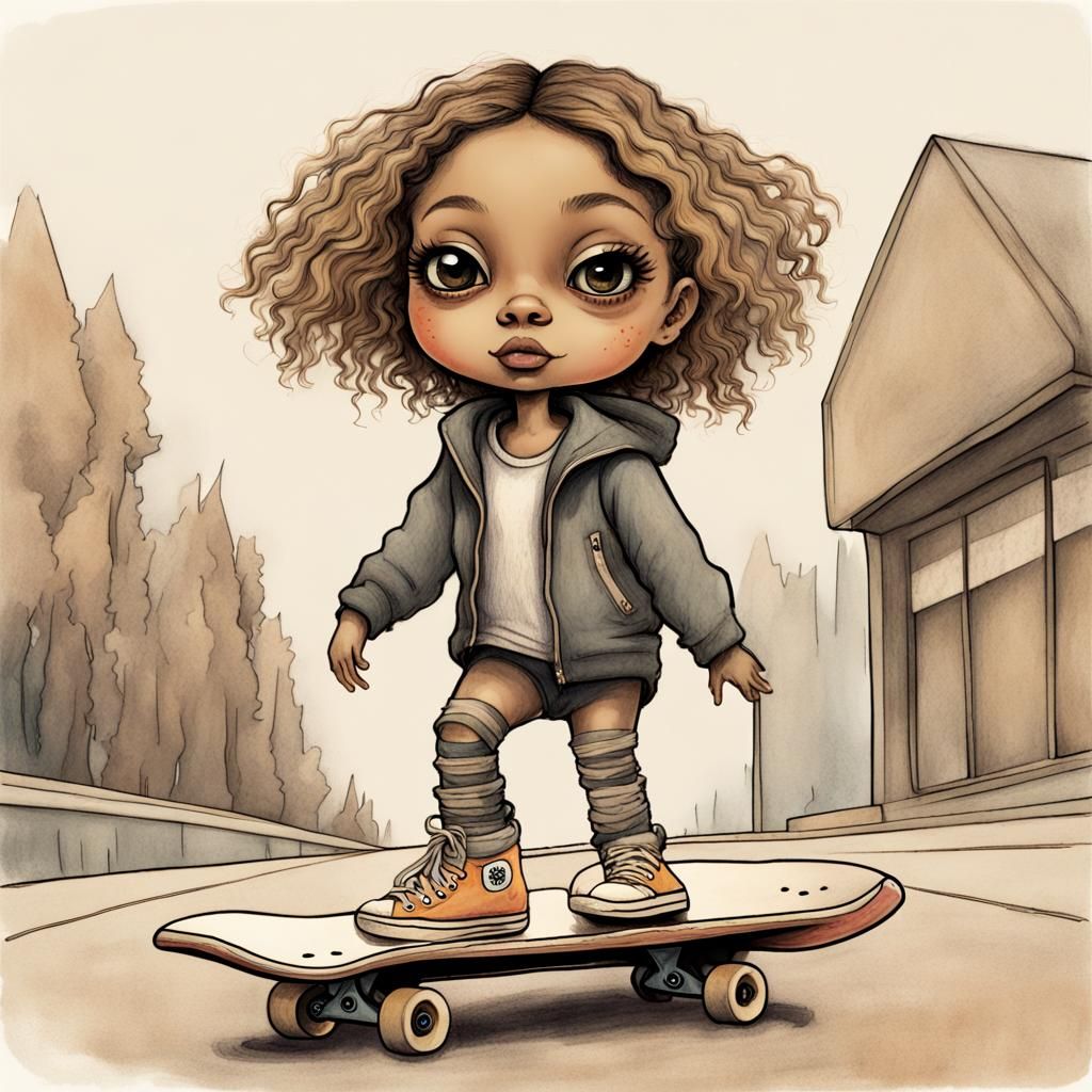 chibi Beyonce skateboarding in a skate park