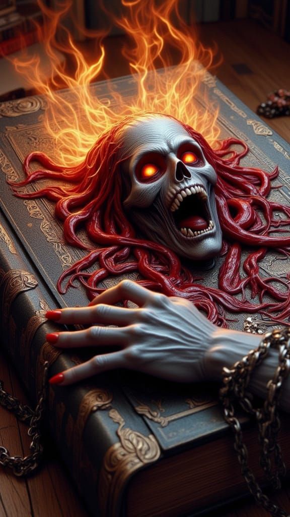 Evil Dead Book Monster with Spectral Face in Dark Fantasy