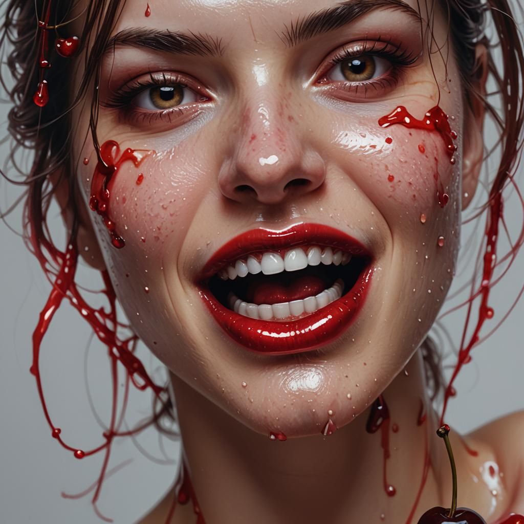 Girl's Mouth: Giant Cherry, Hyperrealistic Macro Shot