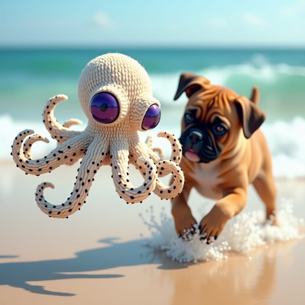 String Octopus and Boxer Puppy on Beach