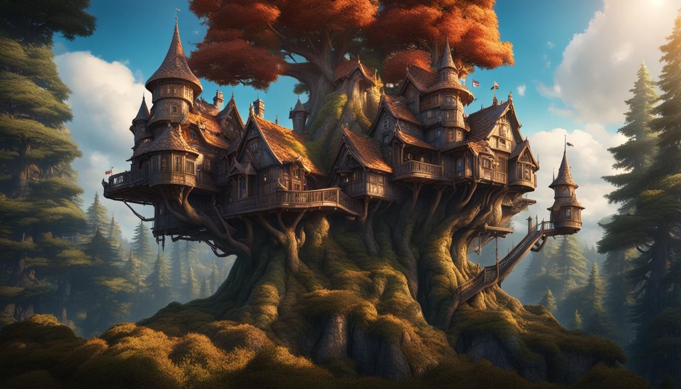 Fantastical Treehouse Castle in Pine Forest, Detailed Matte ...