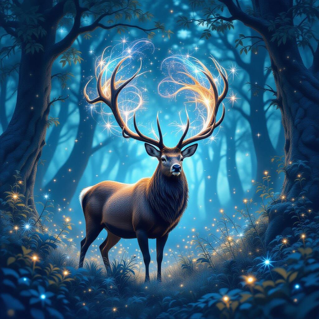 Majestic Stag with Cosmic Antlers in Stardust Forest