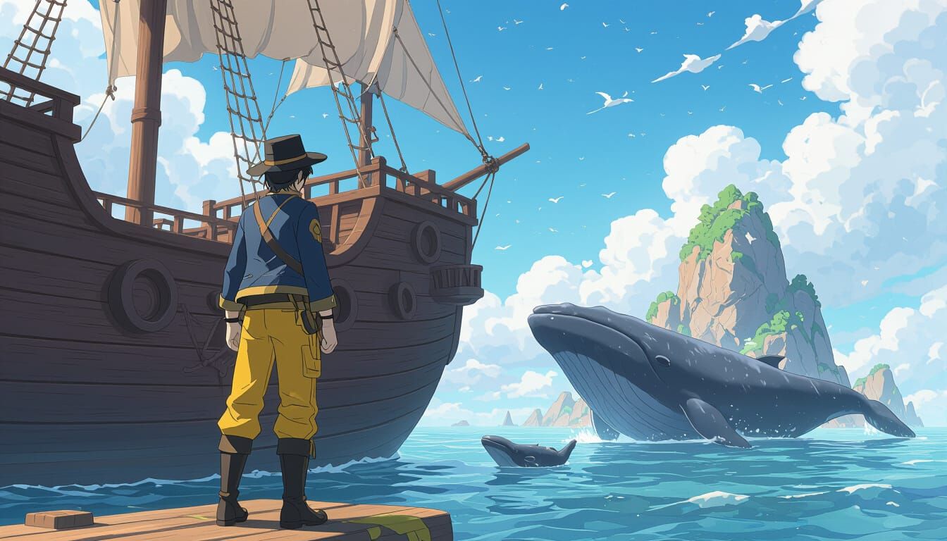 Anime Voyager Watching Whales in 3D Style