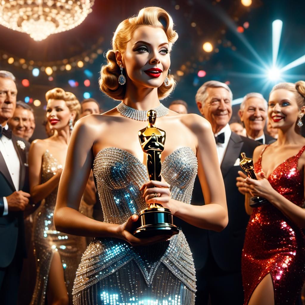 Gorgeous Model Celebrates with Oscar Award in Holographic Ar...