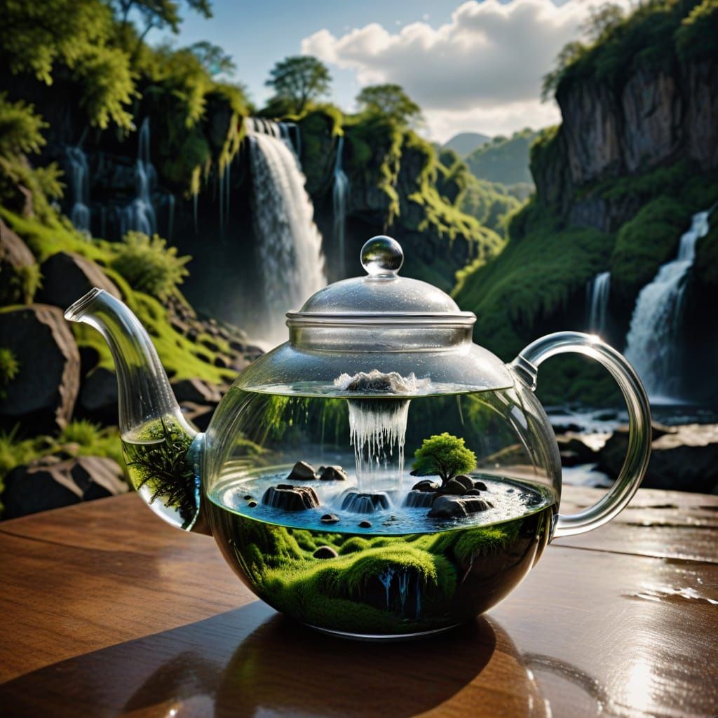 Ethereal Glass Teapot Amidst a Serene Waterfall Scene