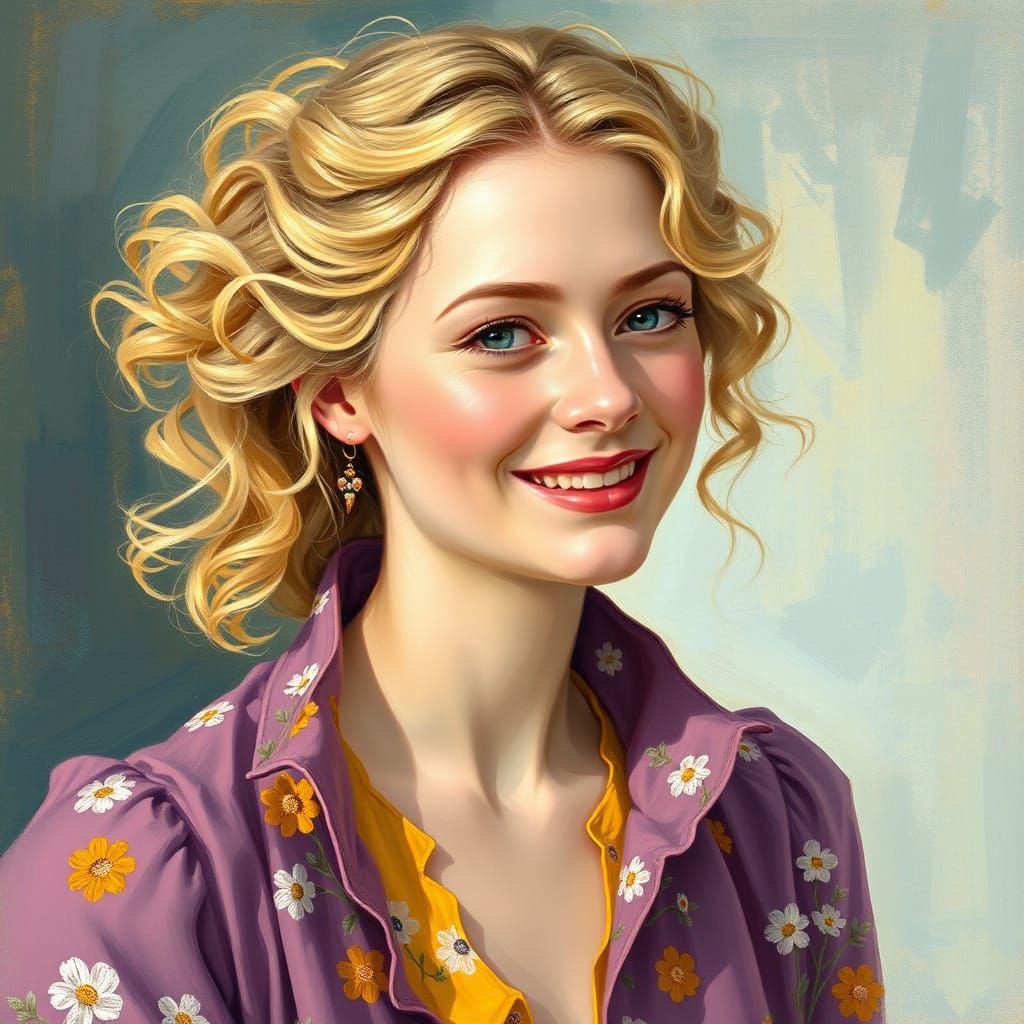 Sunny European Woman in Vibrant Floral Dress