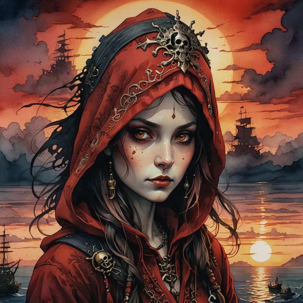 Pirate Queen in Red Hoodie: Dark Fantasy Watercolour