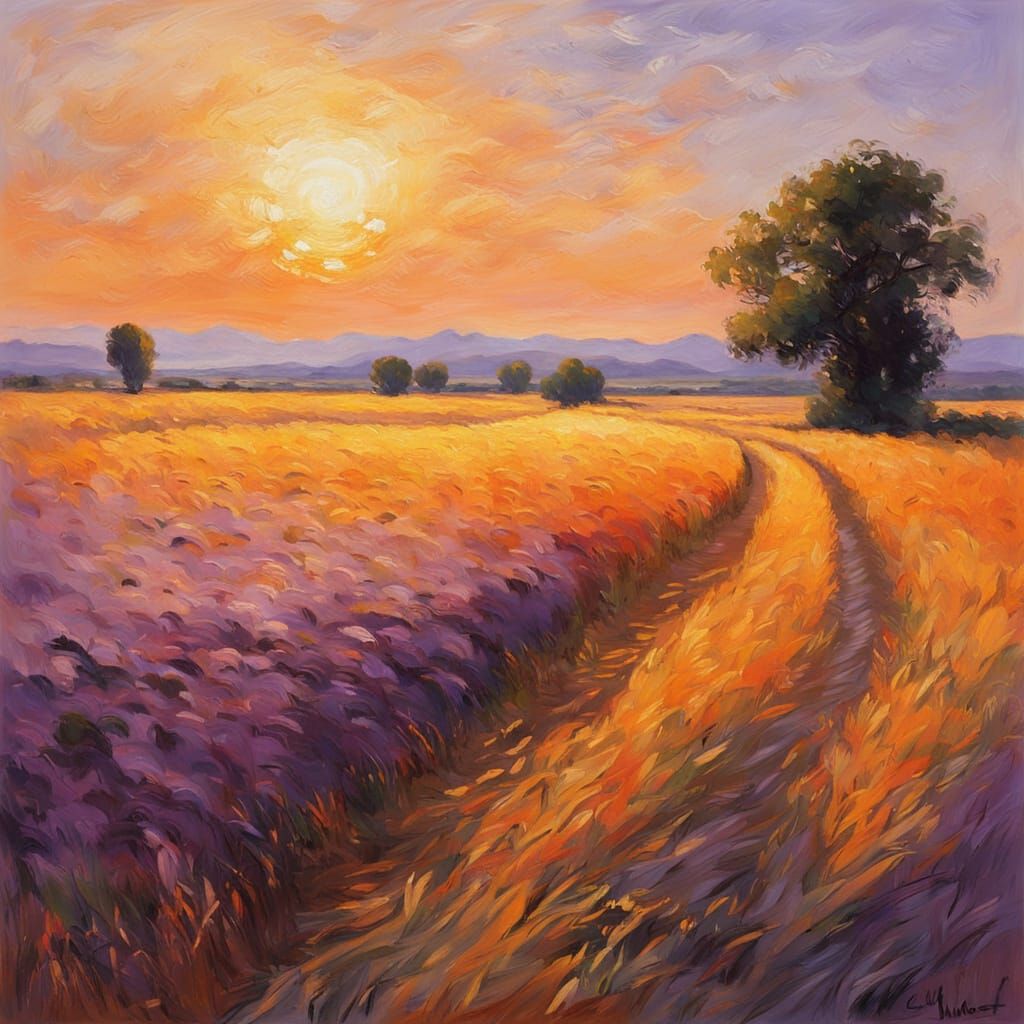 Impressionist Wheat Field Under Sunset with Silhouetted Tree