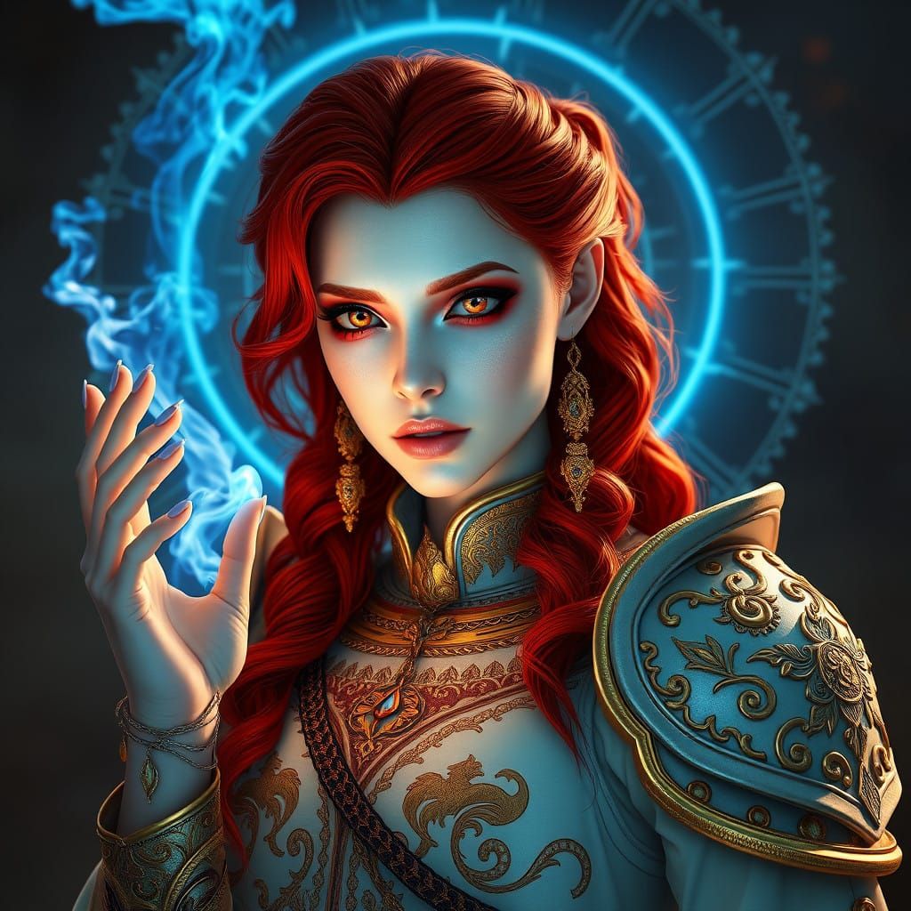 Regal Ifrit Woman in Gothic Armor, Halo of Blue Fire