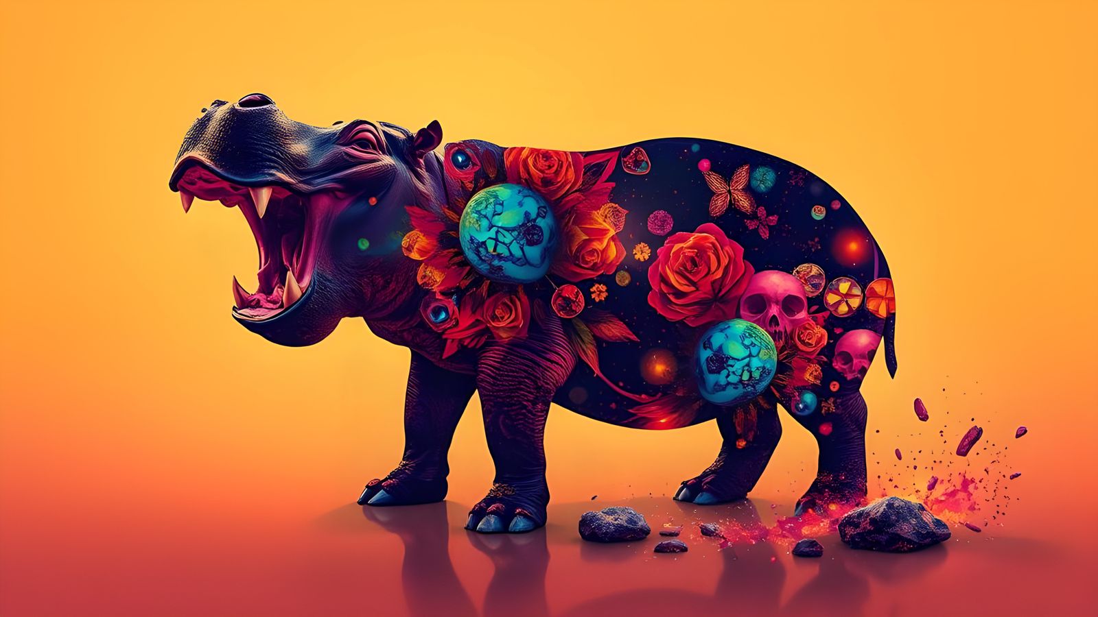 Colorful Double Exposure Hippo Silhouette