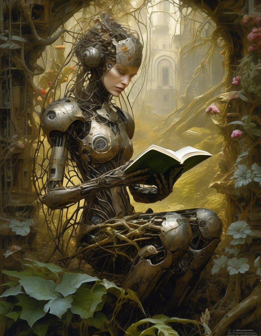 Woman Reading in a Bio-Mechanical Forest