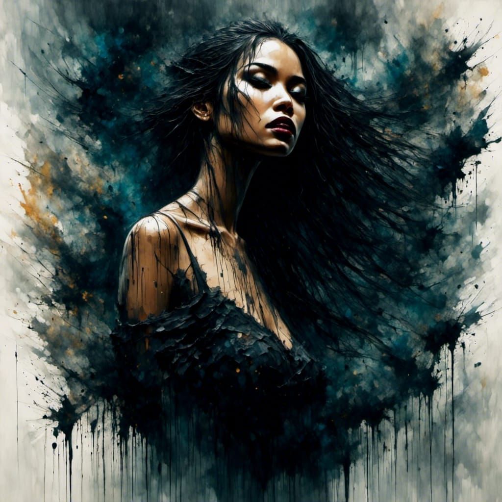 Slender Woman Dances in Grunge Oil Painting