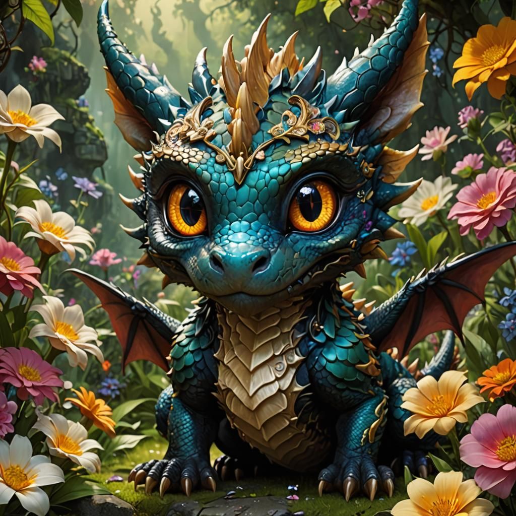 Adorable Chibi Dragon with Flowers in Anime Style