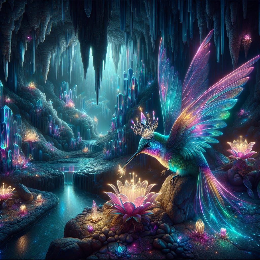 Iridescent Hummingbird Reigns in Glowing Crystal Grotto