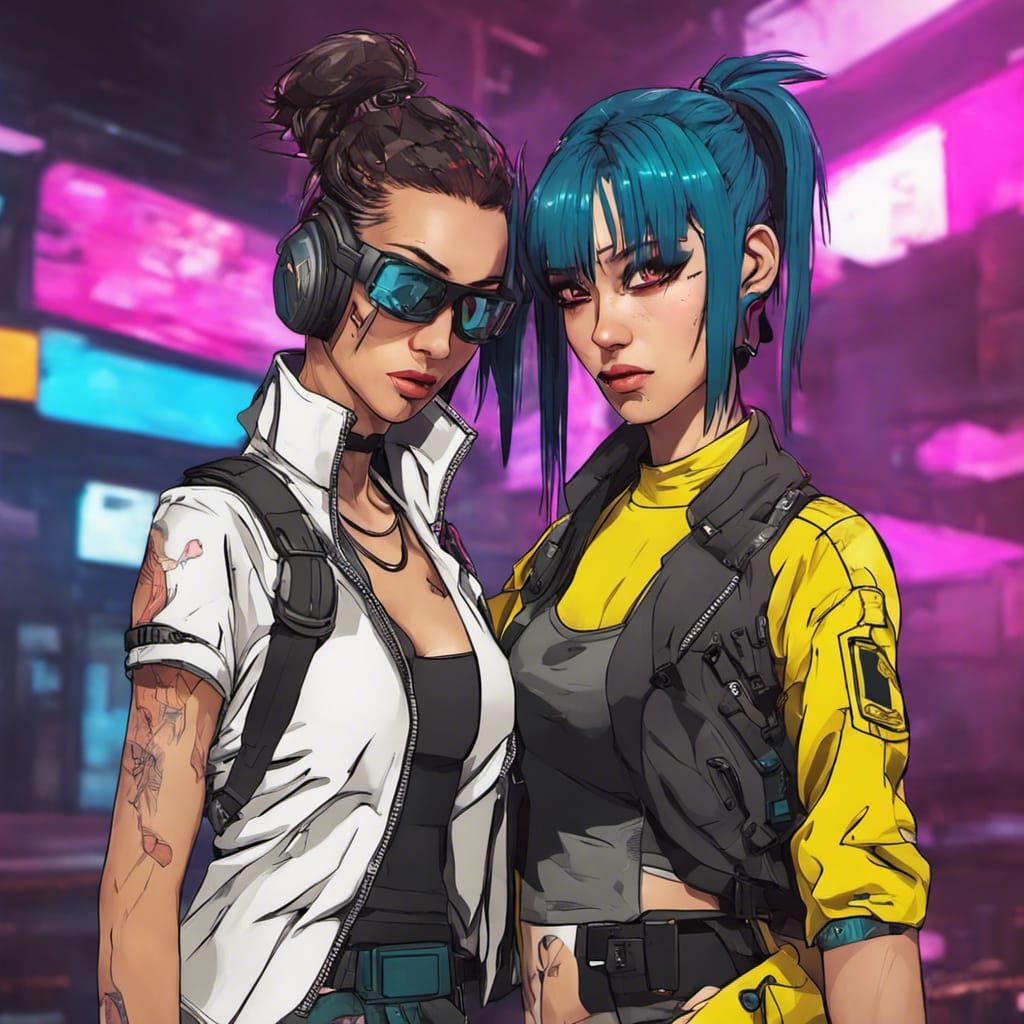Cyberpunk Lesbian Couple in Anime Style