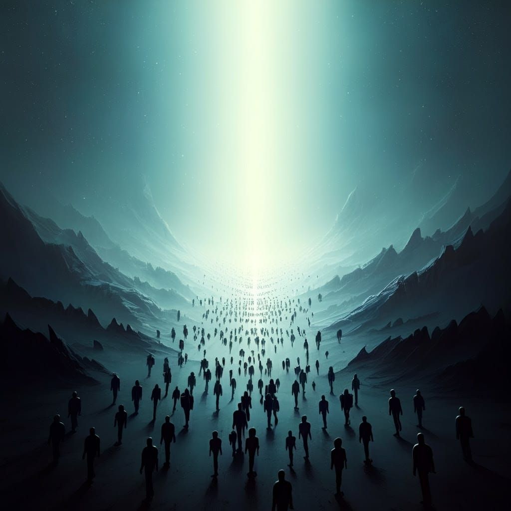 Figures Converge Towards Ethereal Glow in Starry Expanse