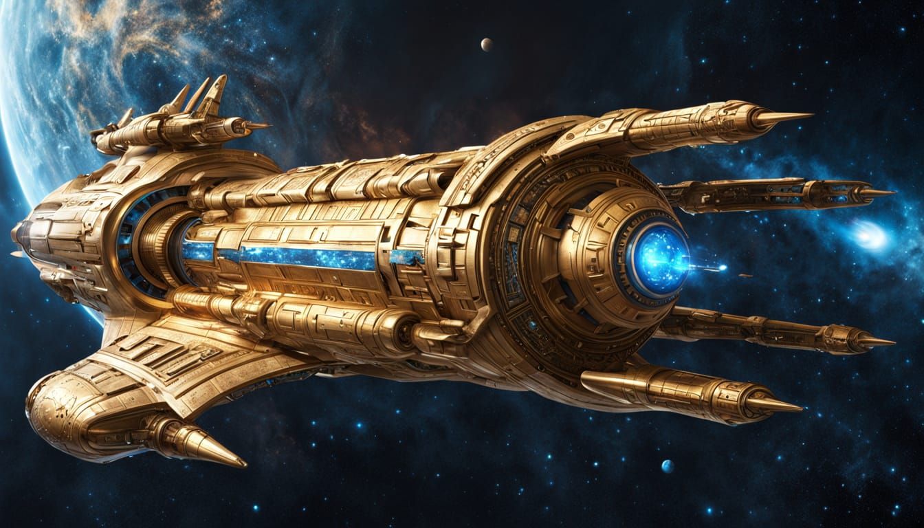 Colossal Gold and Blue Star Cruiser in Cosmic Serpent Form