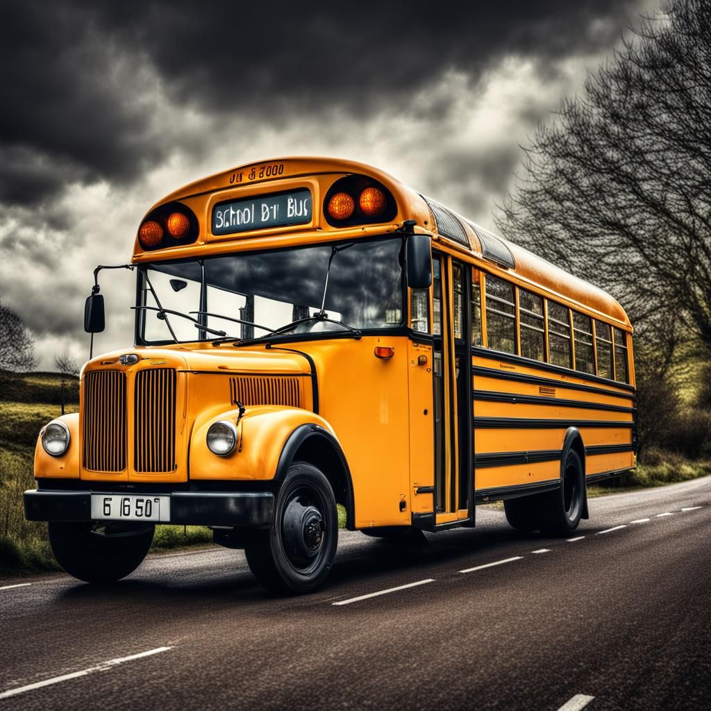 UK School Bus Road Trip: Hyperrealistic Cinematic Image