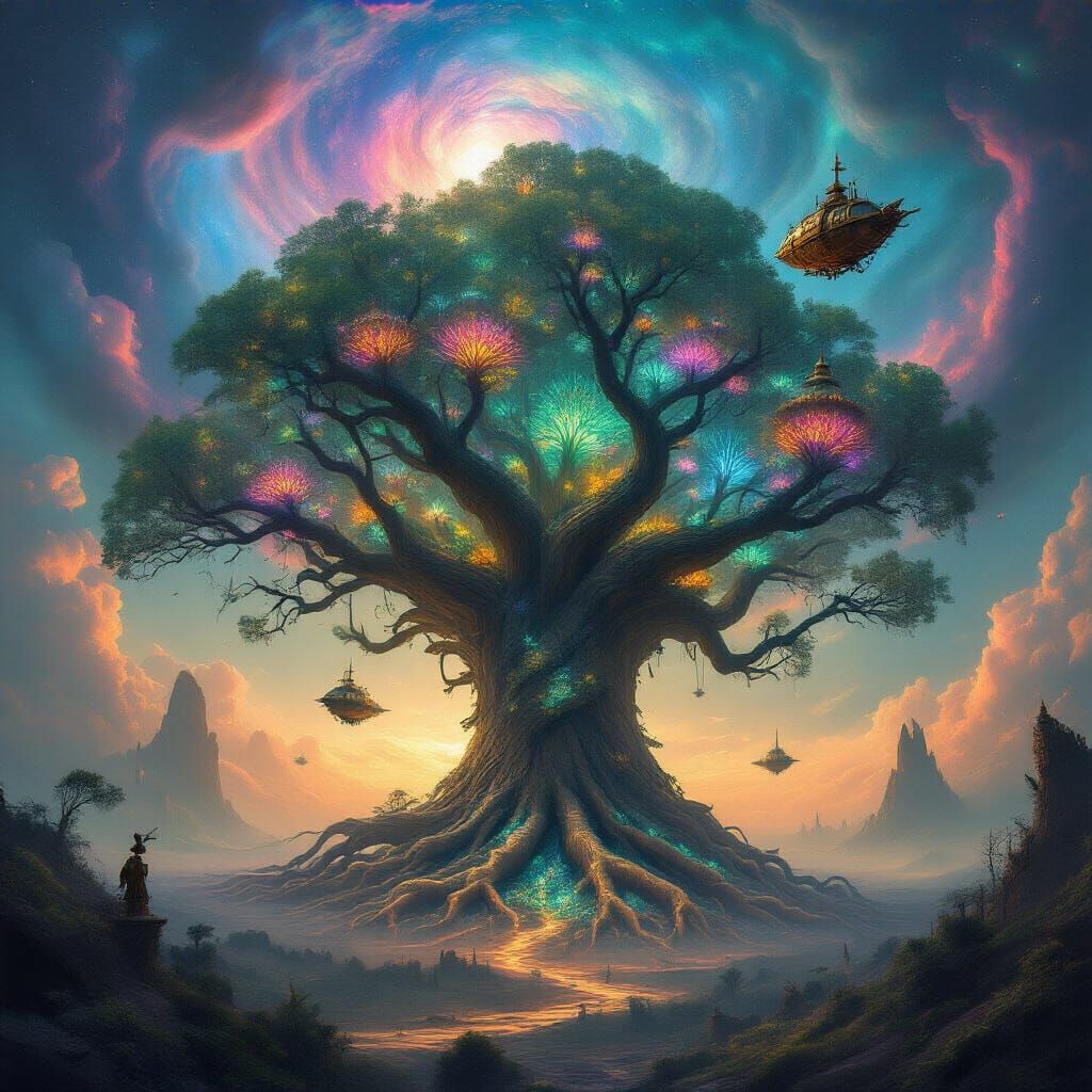 Ancient Alien Tree with Bioluminescent Flora and Airships