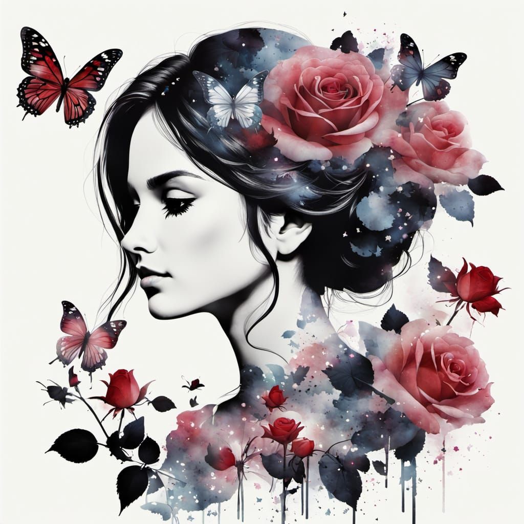 Ethereal Woman's Silhouette in a Vibrant Rose Garden