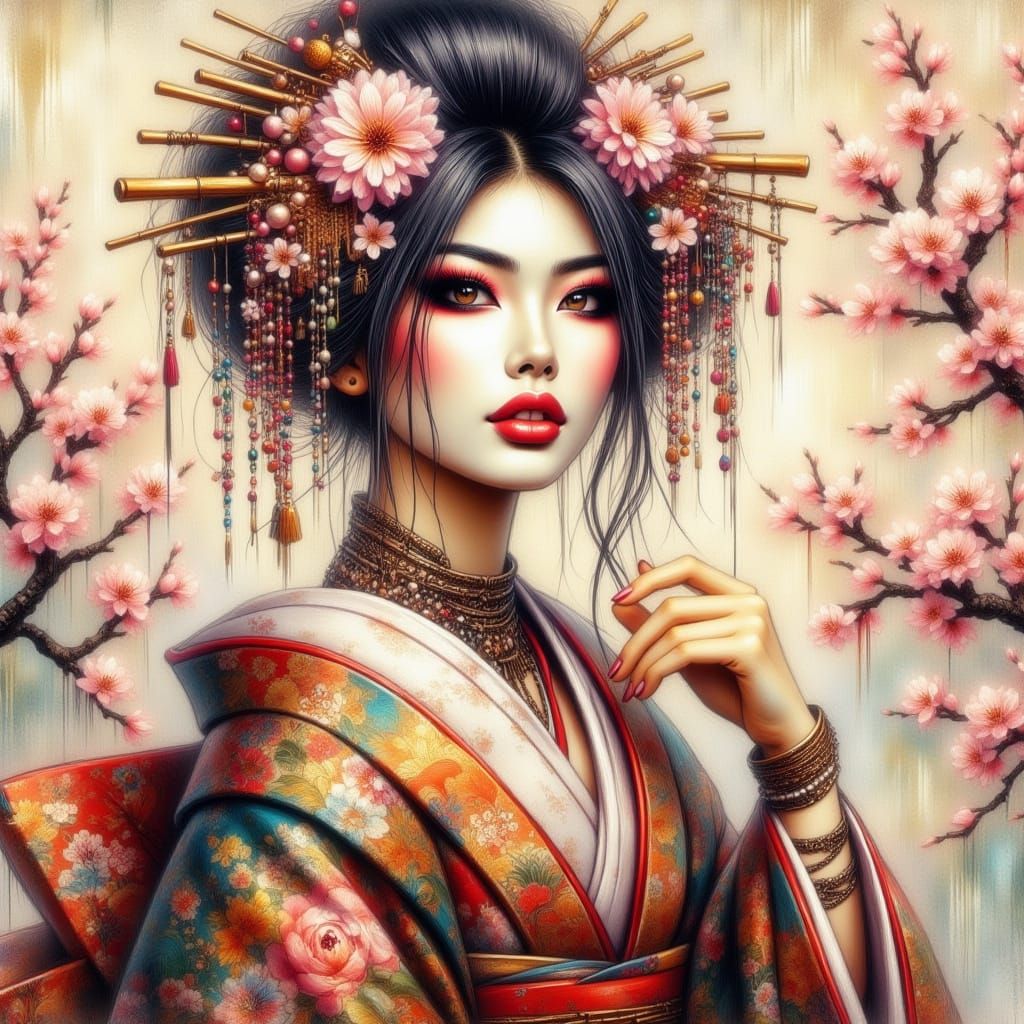 Japanese Geisha in Kimono with Cherry Blossoms