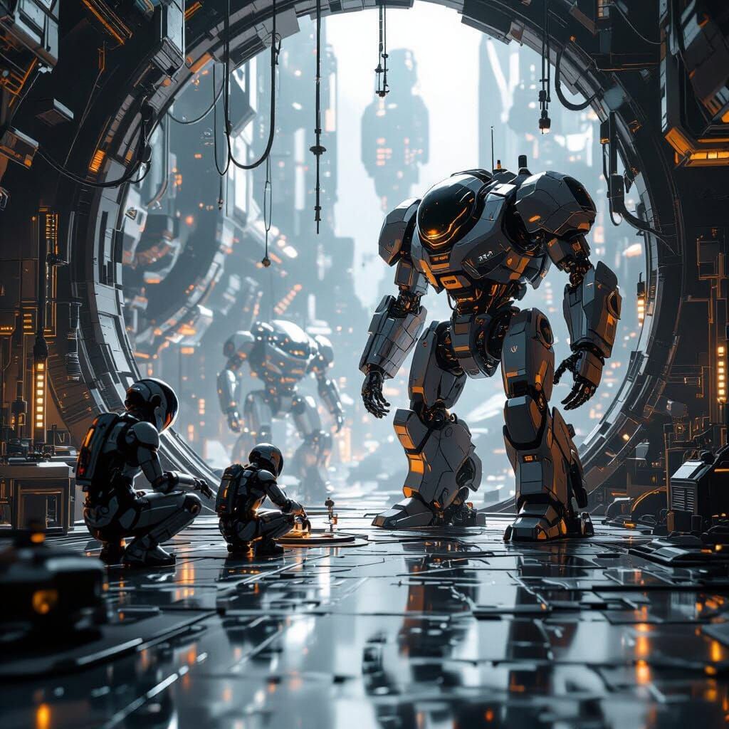 Robots Building Intricate Mech Details in Dreamlike Sci-Fi W...