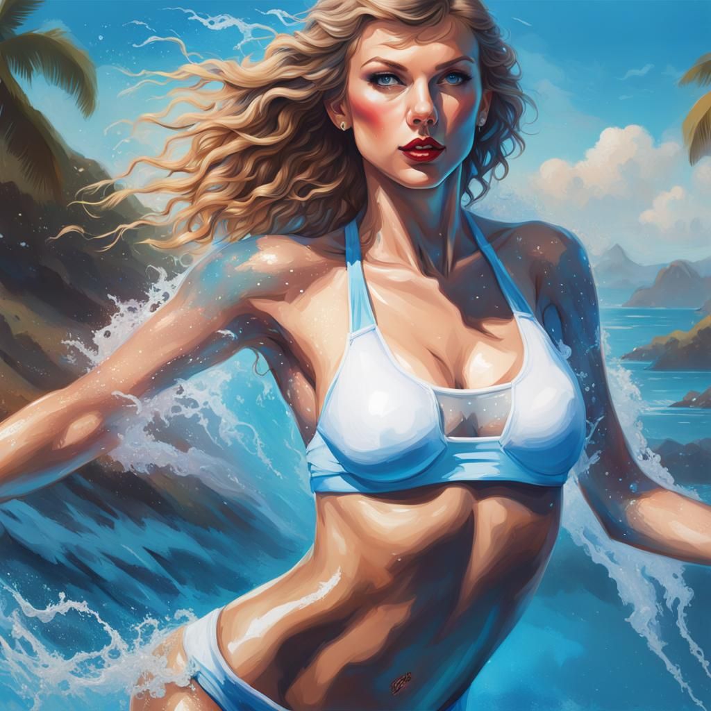 Hyperrealistic Taylor Swift in Blue Bikini, Splash Art