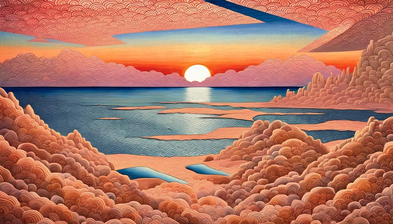 Sunset Seascape in Bauhaus Style with Filigree Detail