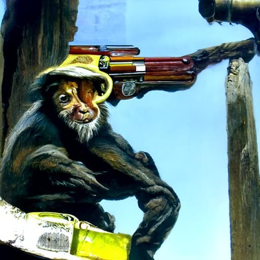 Monkey Holding Shotgun: Oil Painting