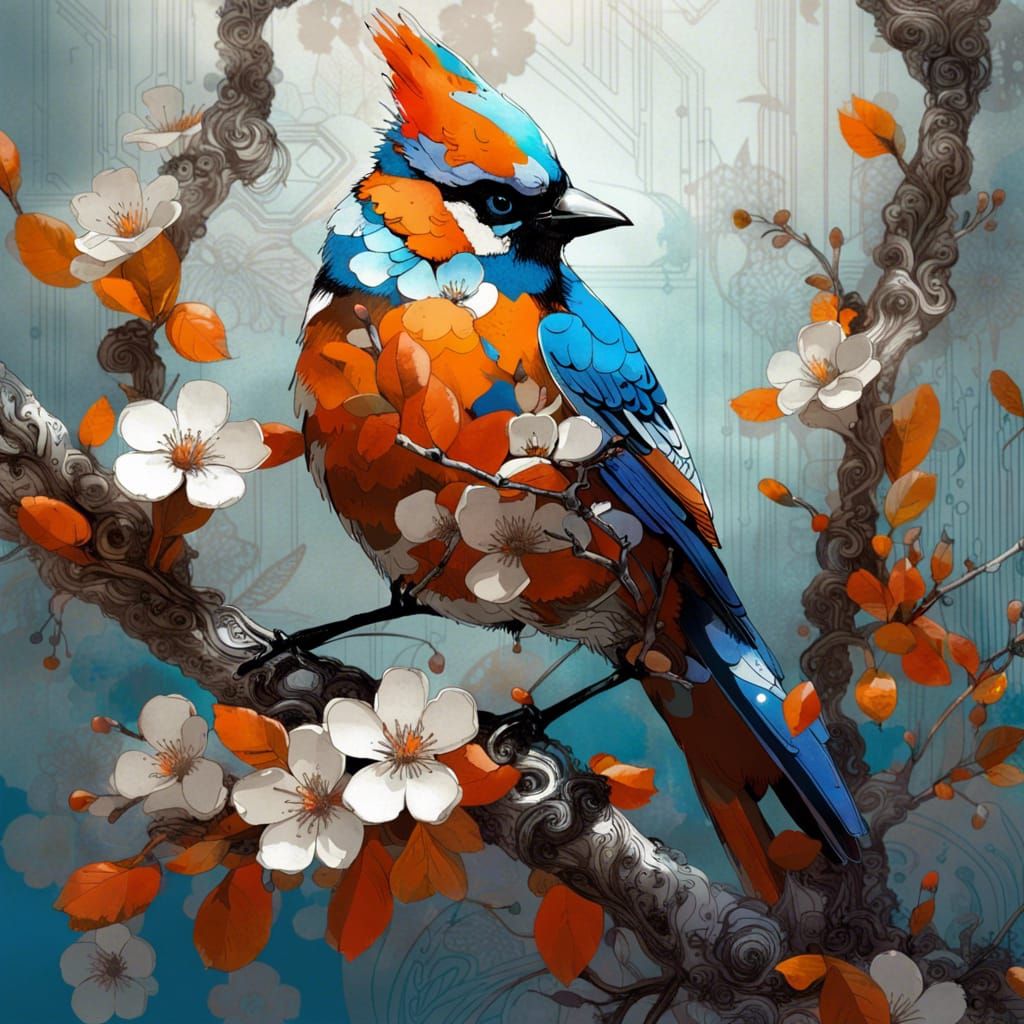Blue Jay with Cherry Blossoms, Digital Painting