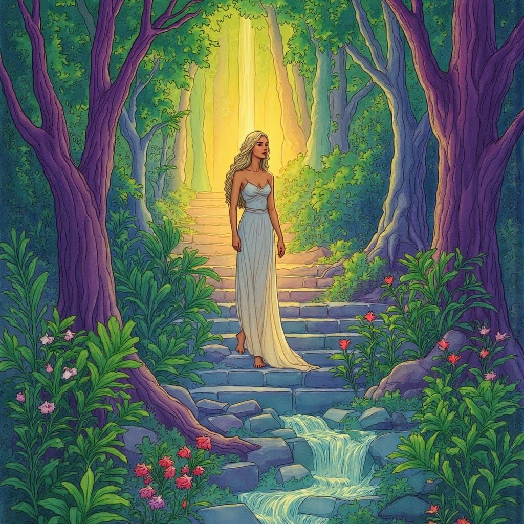 Starlight Gown in Surreal Art Nouveau Garden