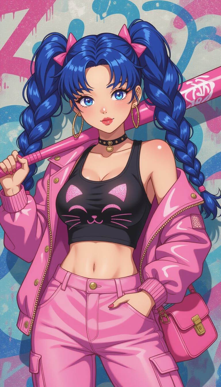 Feisty Woman with Pink Bat in Anime Style