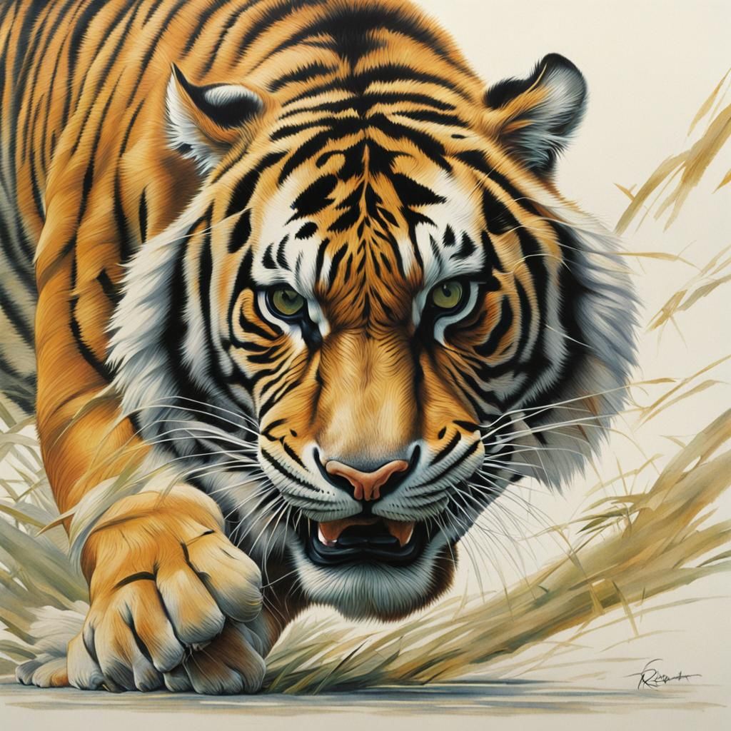 Tiger Mid-Pounce: Realistic Wildlife Art