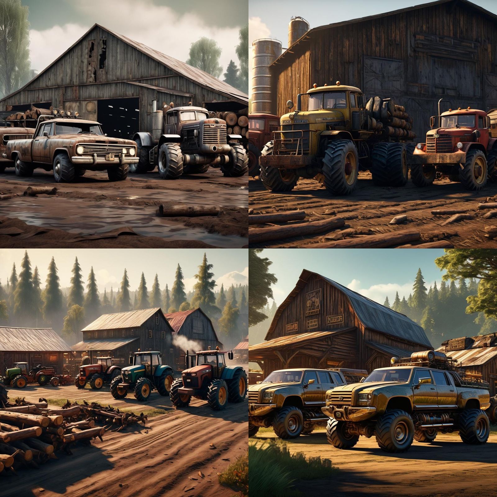 Dieselpunk Logging Vehicles in 3D Game Style