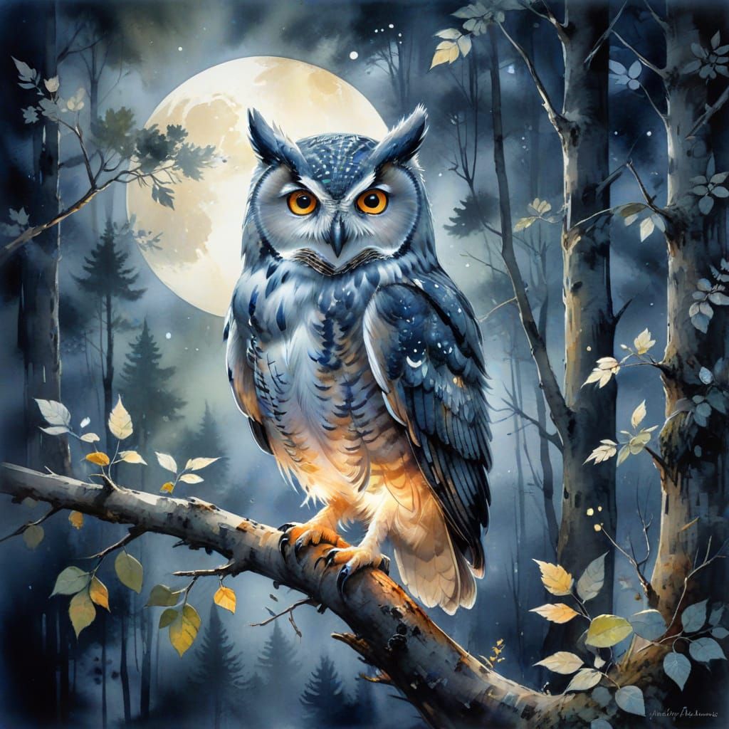 Ethereal Watercolor Owl in Moonlit Forest, Whimsical Blend o...