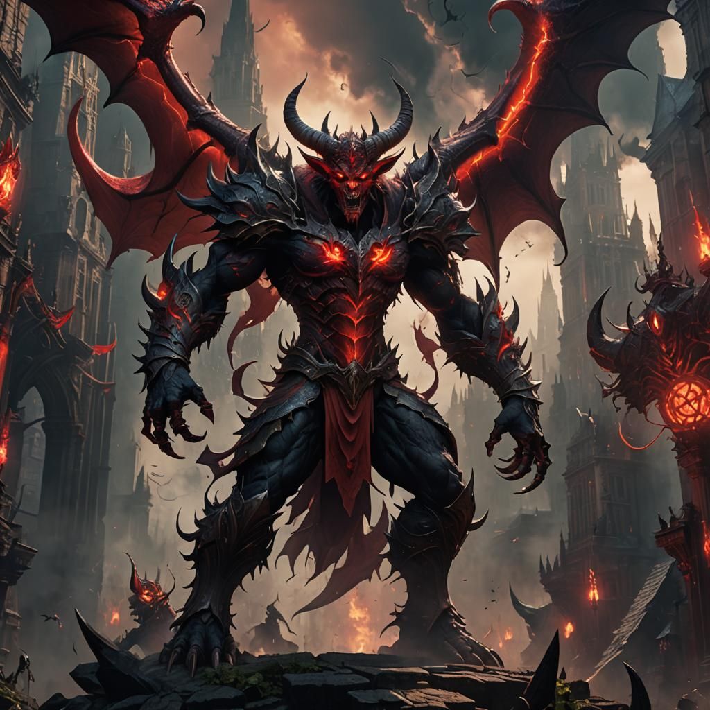 Towering Horned Demon with Red Eyes in Fantasy Art