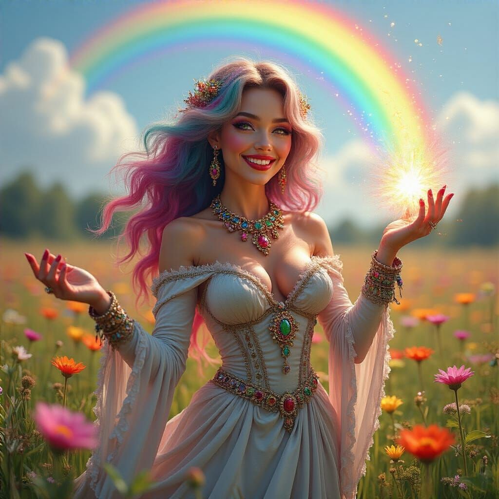 Rainbow Enchantress Casting Spell in Hyperrealistic Style