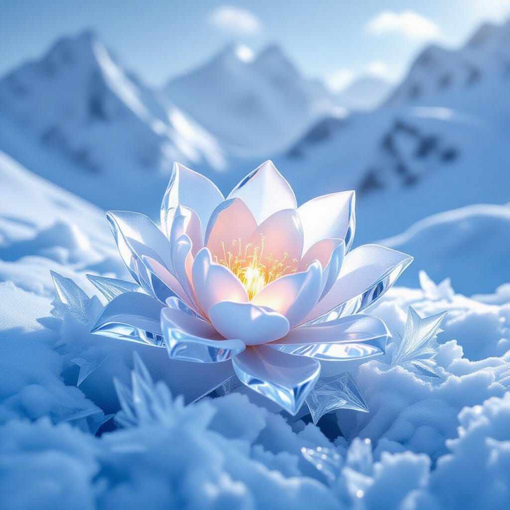 Glowing Ice Flower on Snowy Mountain Pass