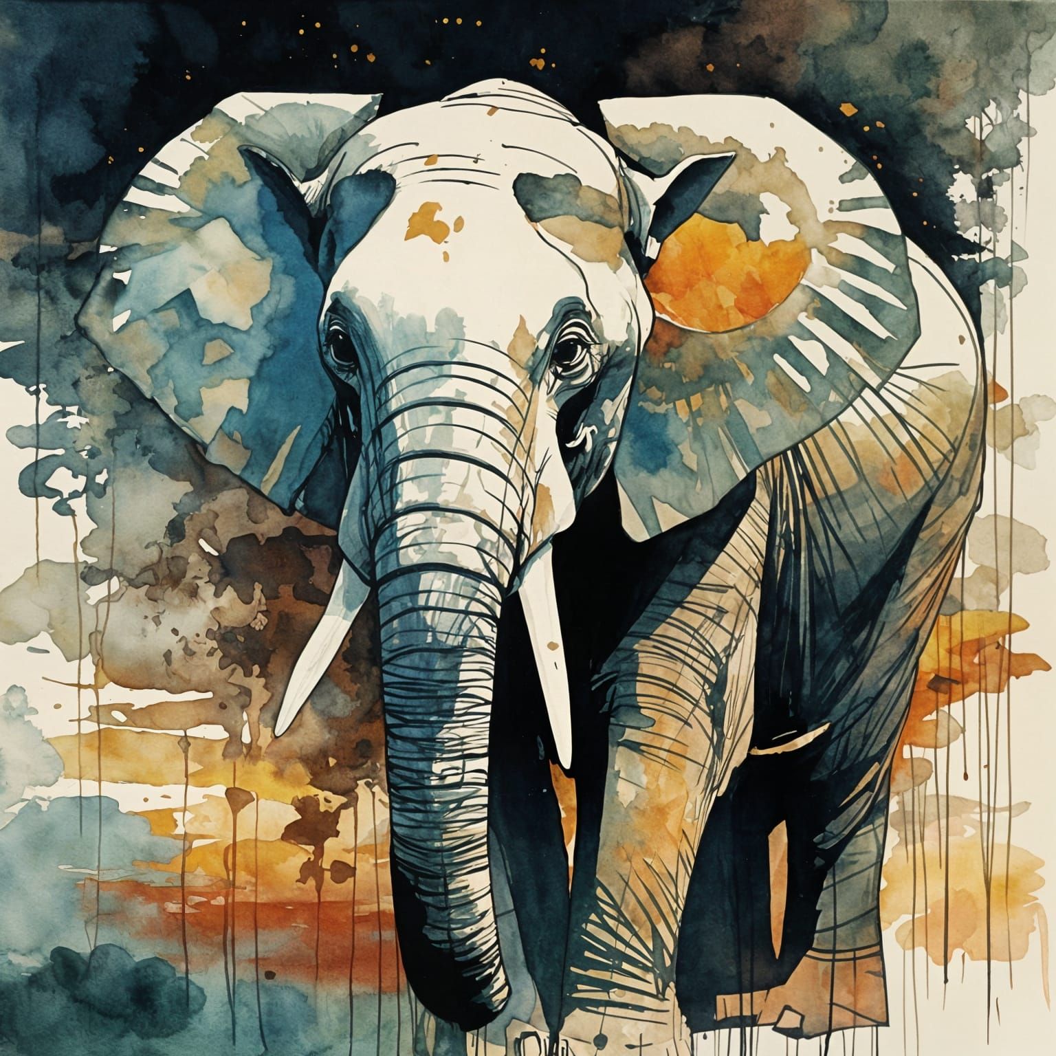 Wise Elephant Creates Scent Map at Sunset in Gouache Style