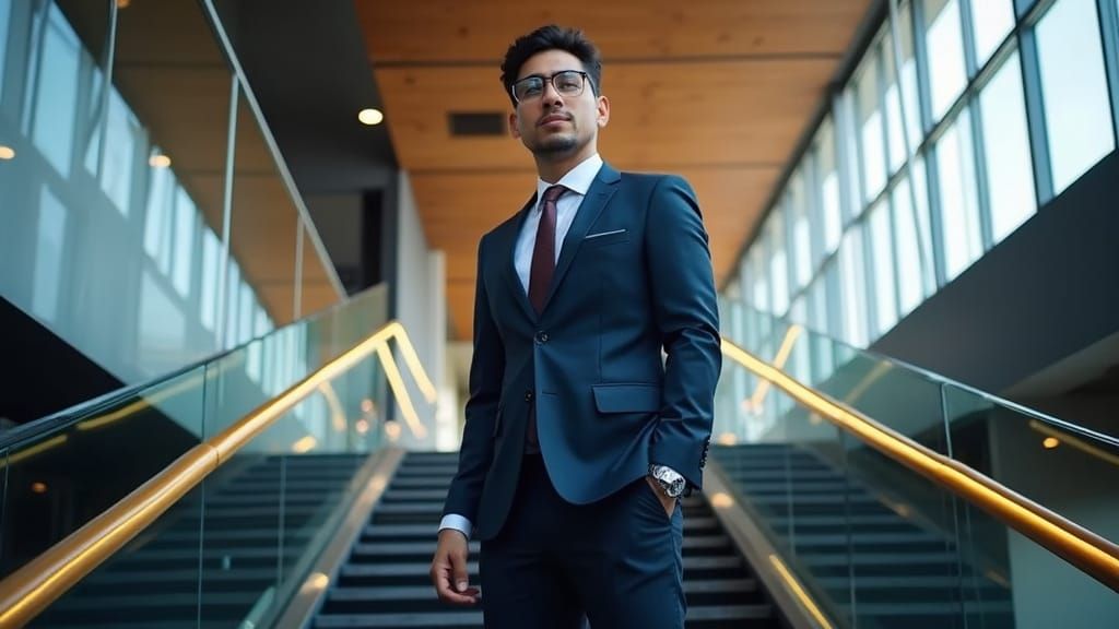 Ambitious Executive on Staircase in Modern Office