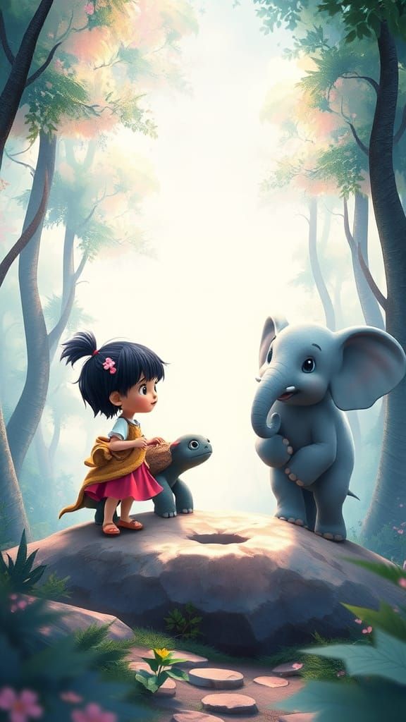 Magical Forest Scene with Girl, Elephant and Turtle