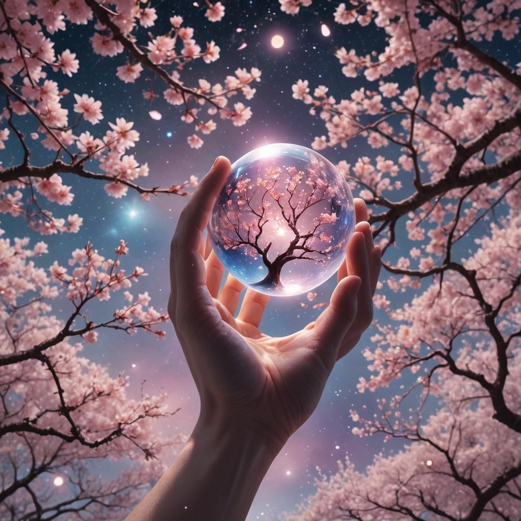 Holographic Astral Orb with Cherry Blossom Tree