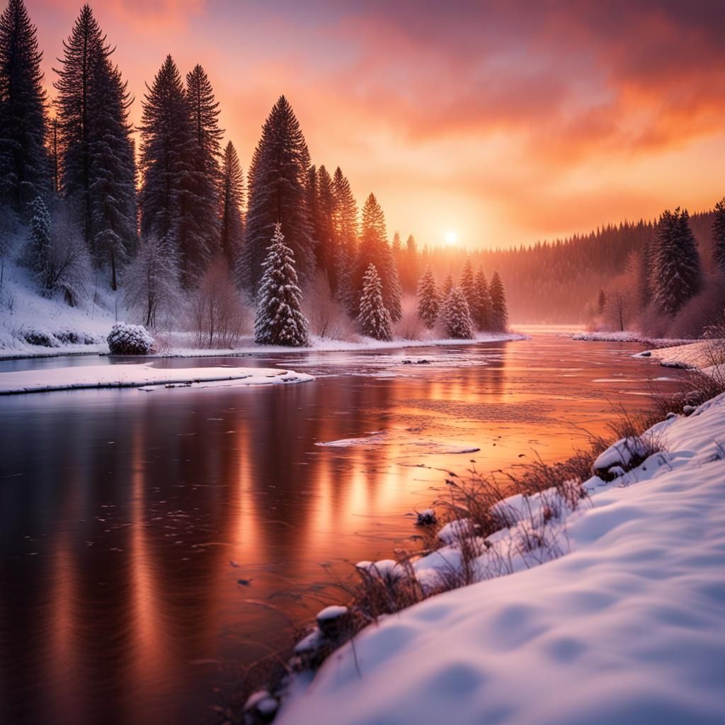 Sunset over the meadow river