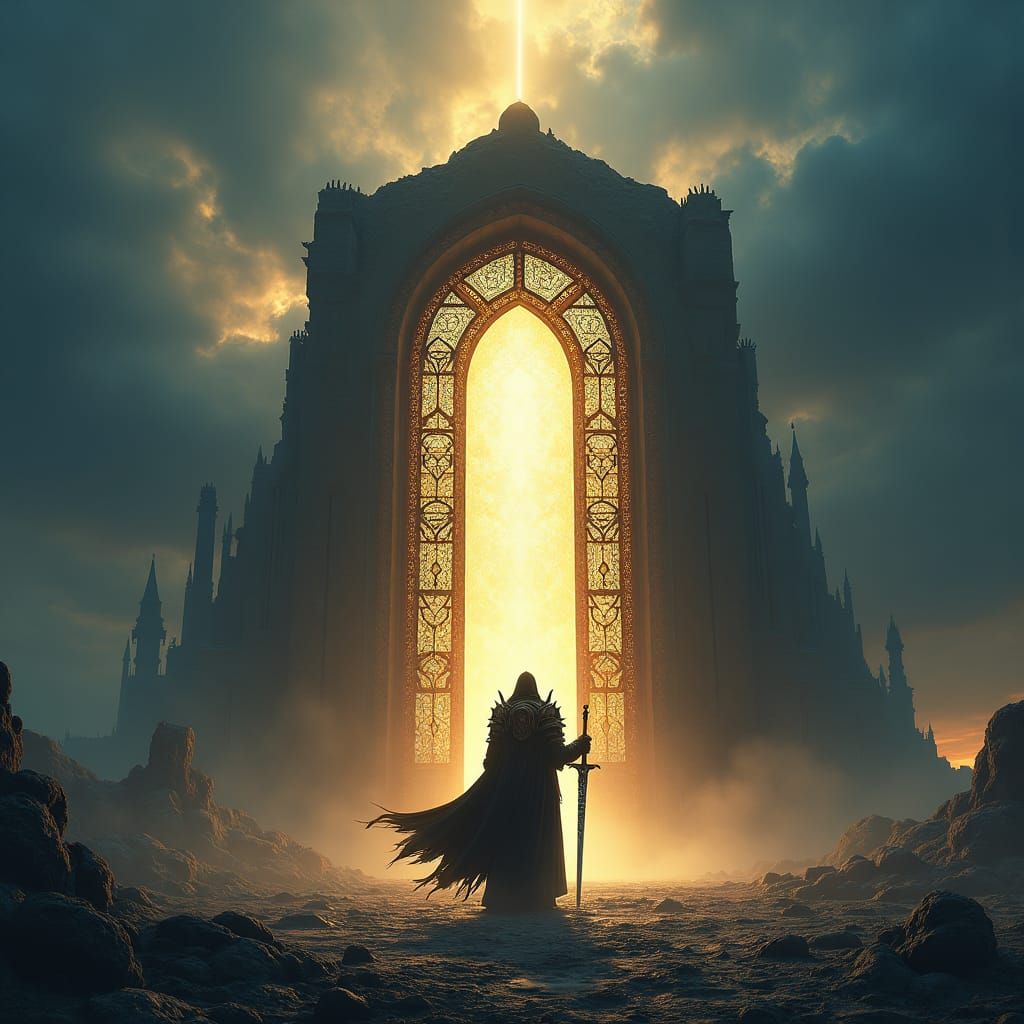 Armored Figure with Sword Before Divine Doorway