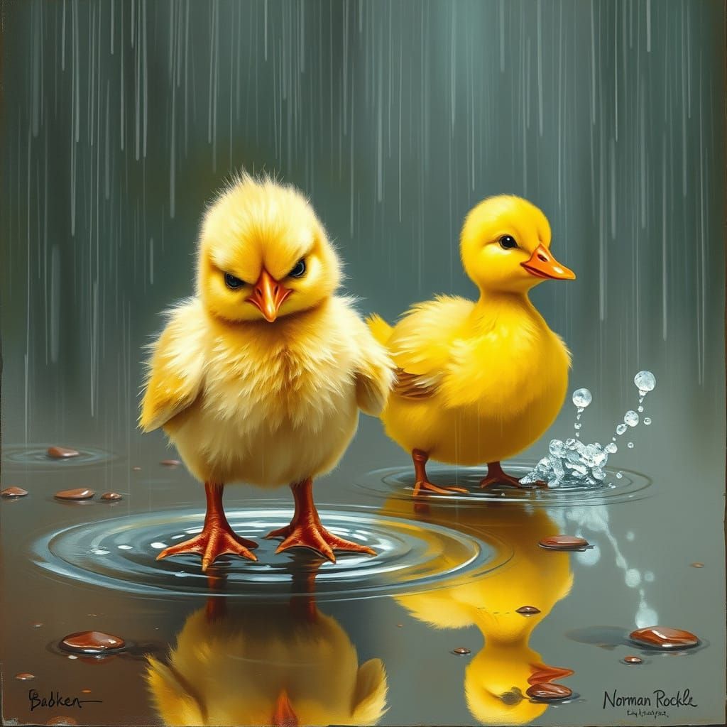 Chick in Rain, Norman Rockwell Style