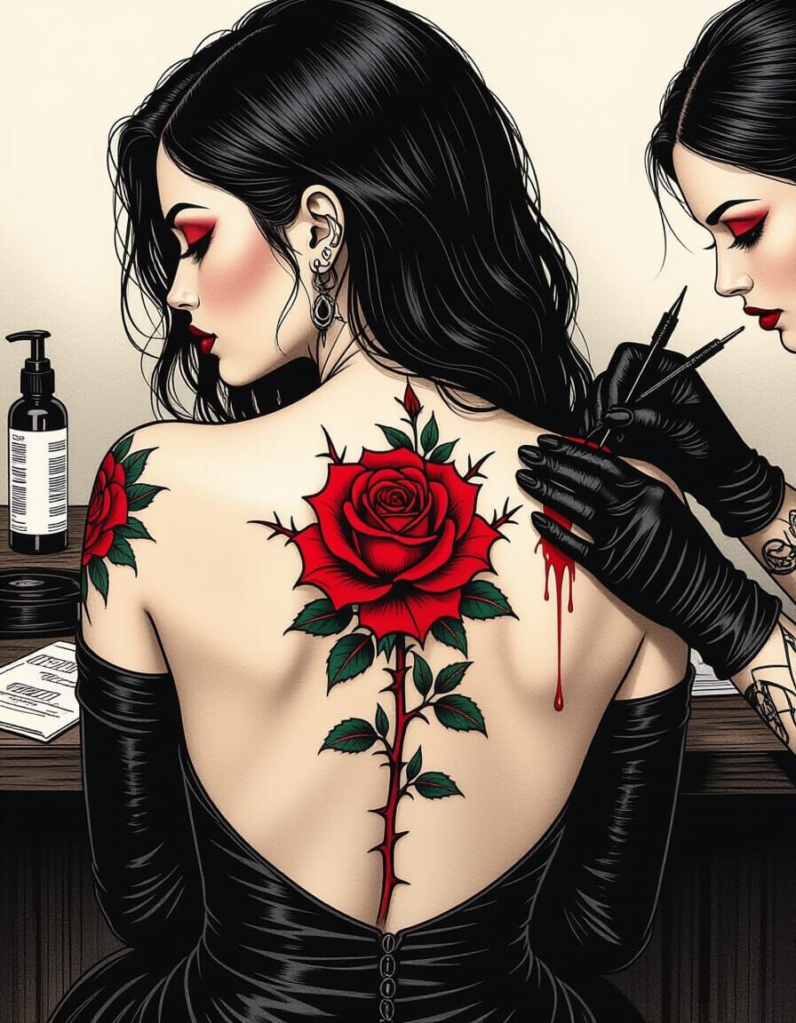Gothic Tattoo Art: Red Rose Back Piece in Chiaroscuro