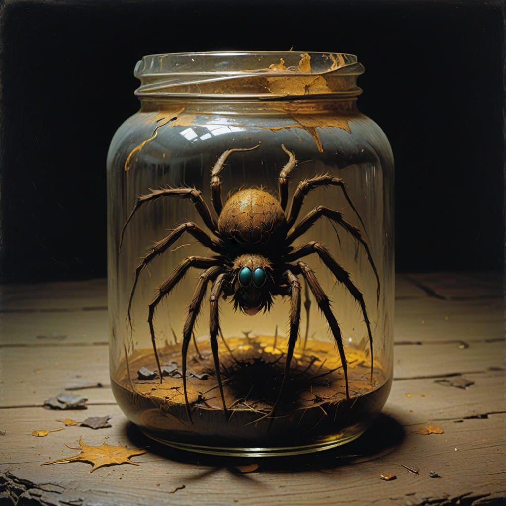 A Big Hairy Spider in a Vintage Glass Jar, in the Style of D...