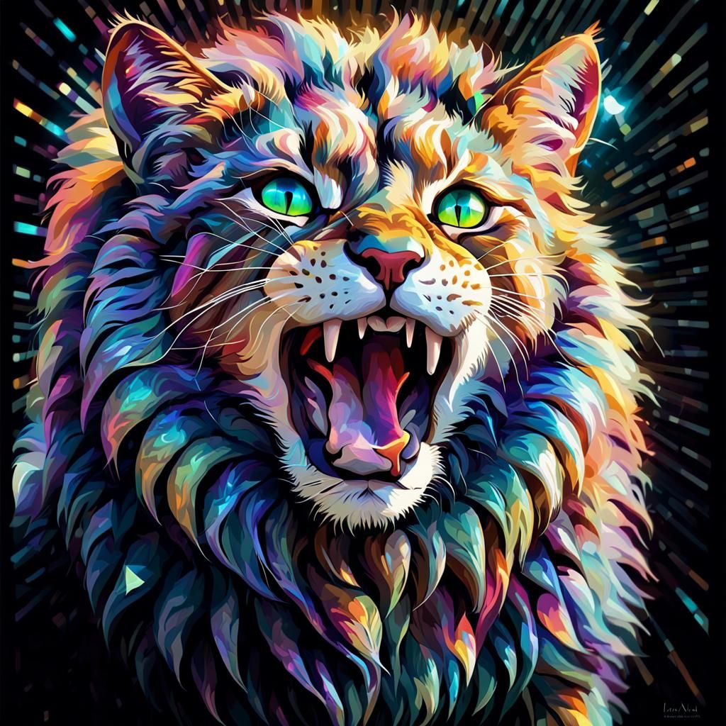 Roaring Cat Portrait in Hyperrealistic Holographic Style